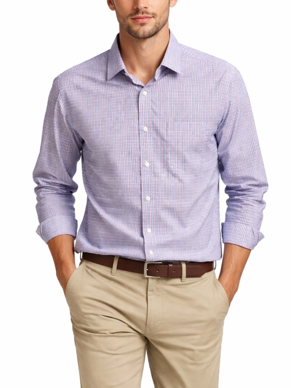 UNTUCKit Mens Large Slim Fit Purple White Micro Check Button Down Shirt Stretch
